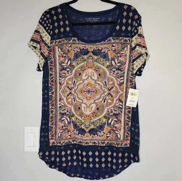 NWT Lucky Brand Persian Carpet Scoop Neck Short Sleeve Tee Shirt Navy XL - Picture 4 of 16